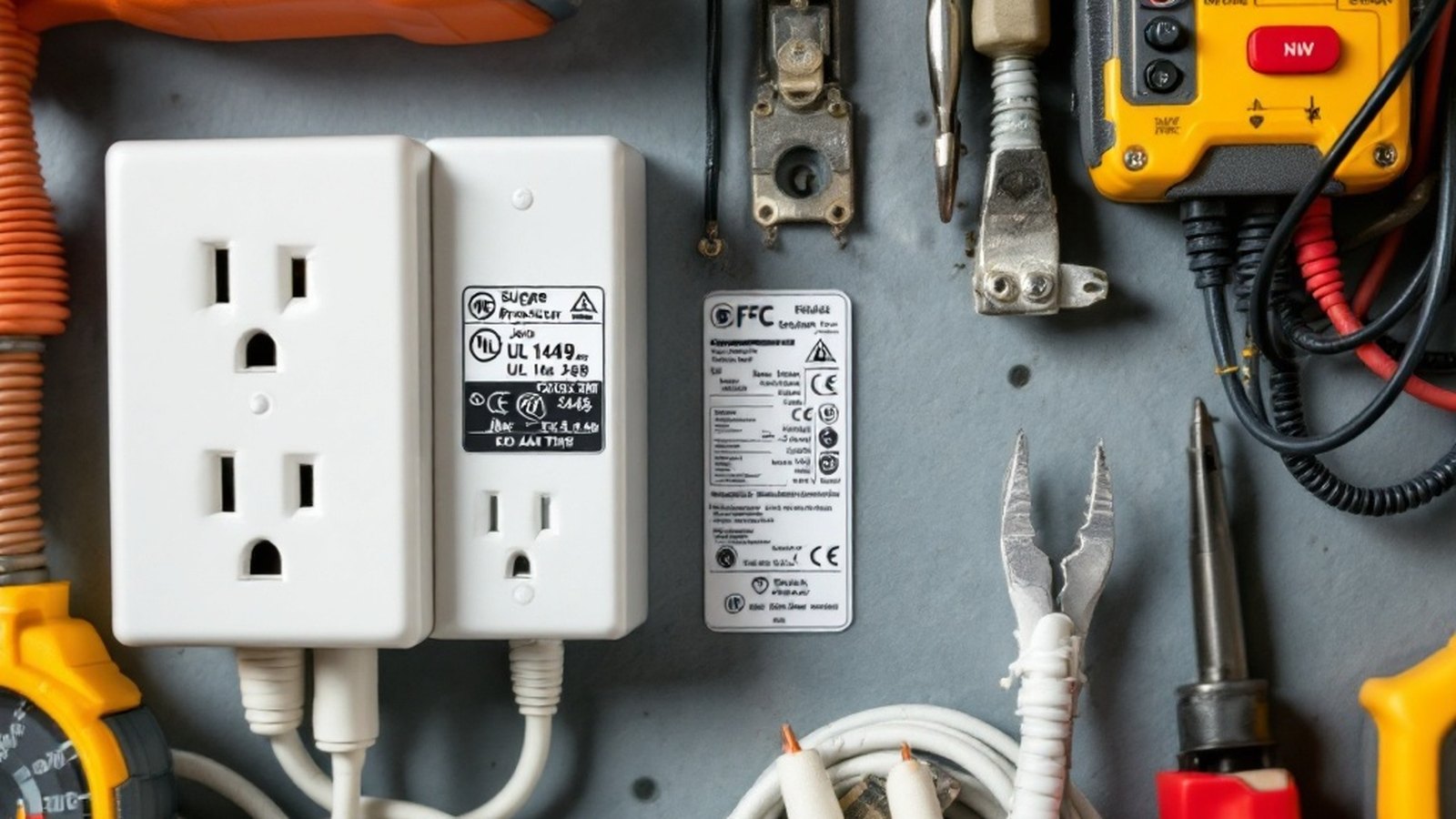 Close-up of a surge protector's spec label showing joule rating and UL 1449 mark