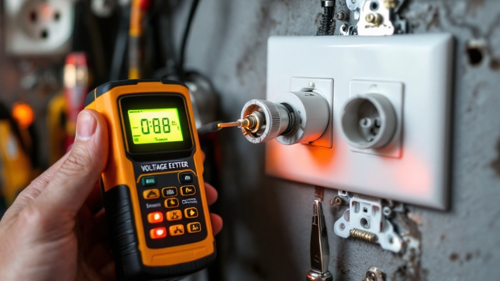 Close-up of a non-contact voltage tester near an outlet slot, glowing/beeping