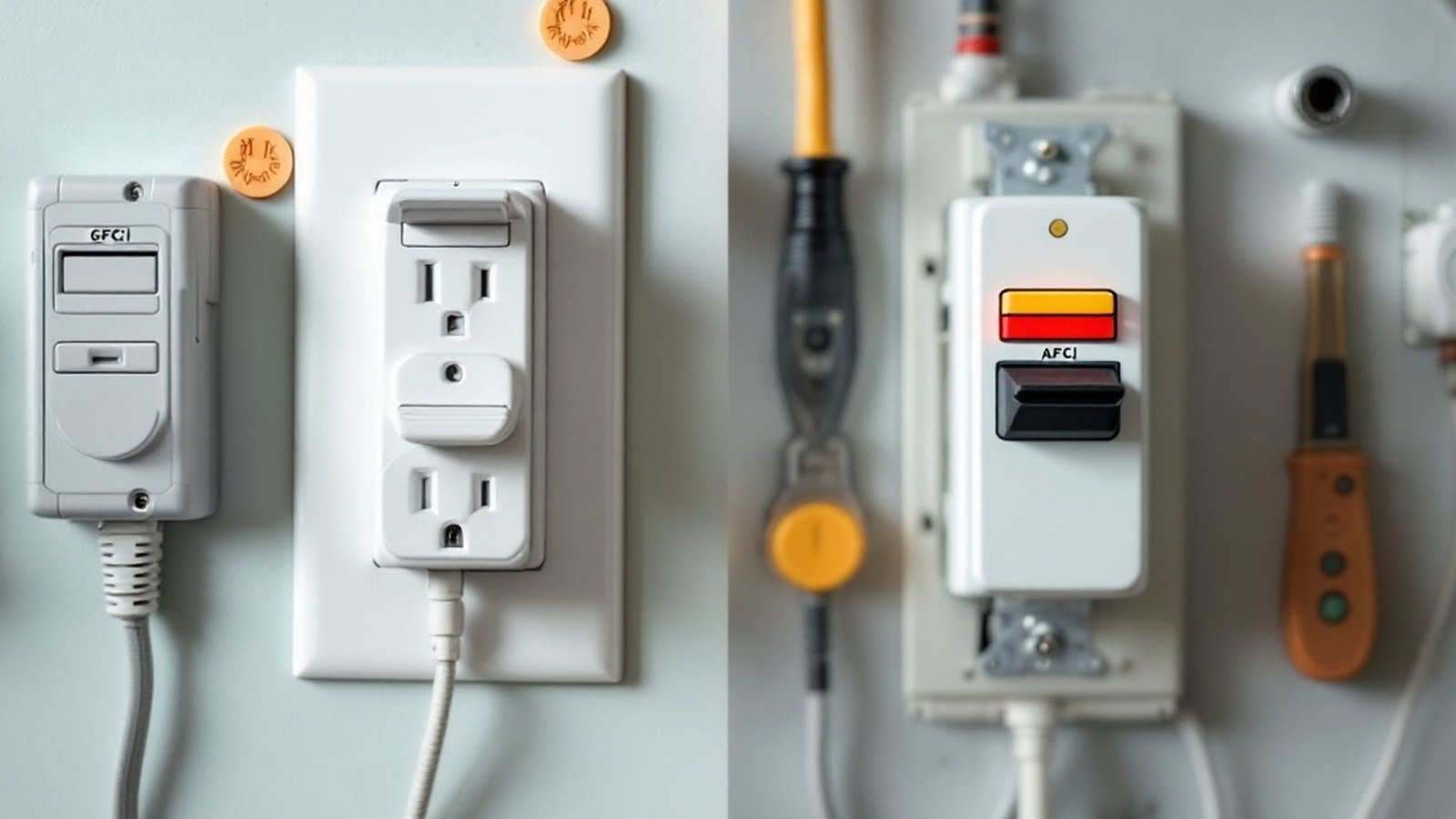Side-by-side photo of a GFCI outlet (test/reset buttons) and an AFCI breaker (with test button and label)