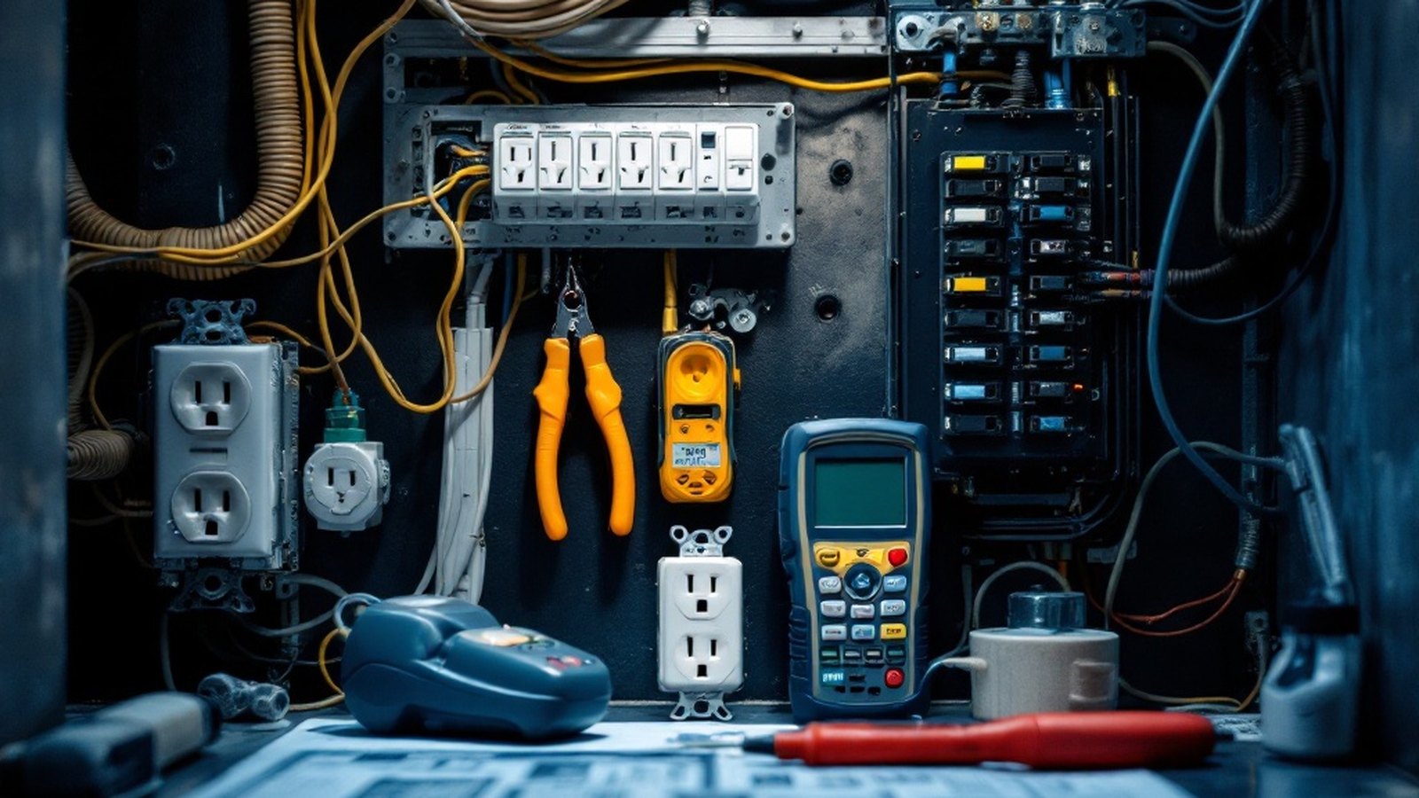 A moody close-up of bundled electrical wiring and a breaker panel in blue light