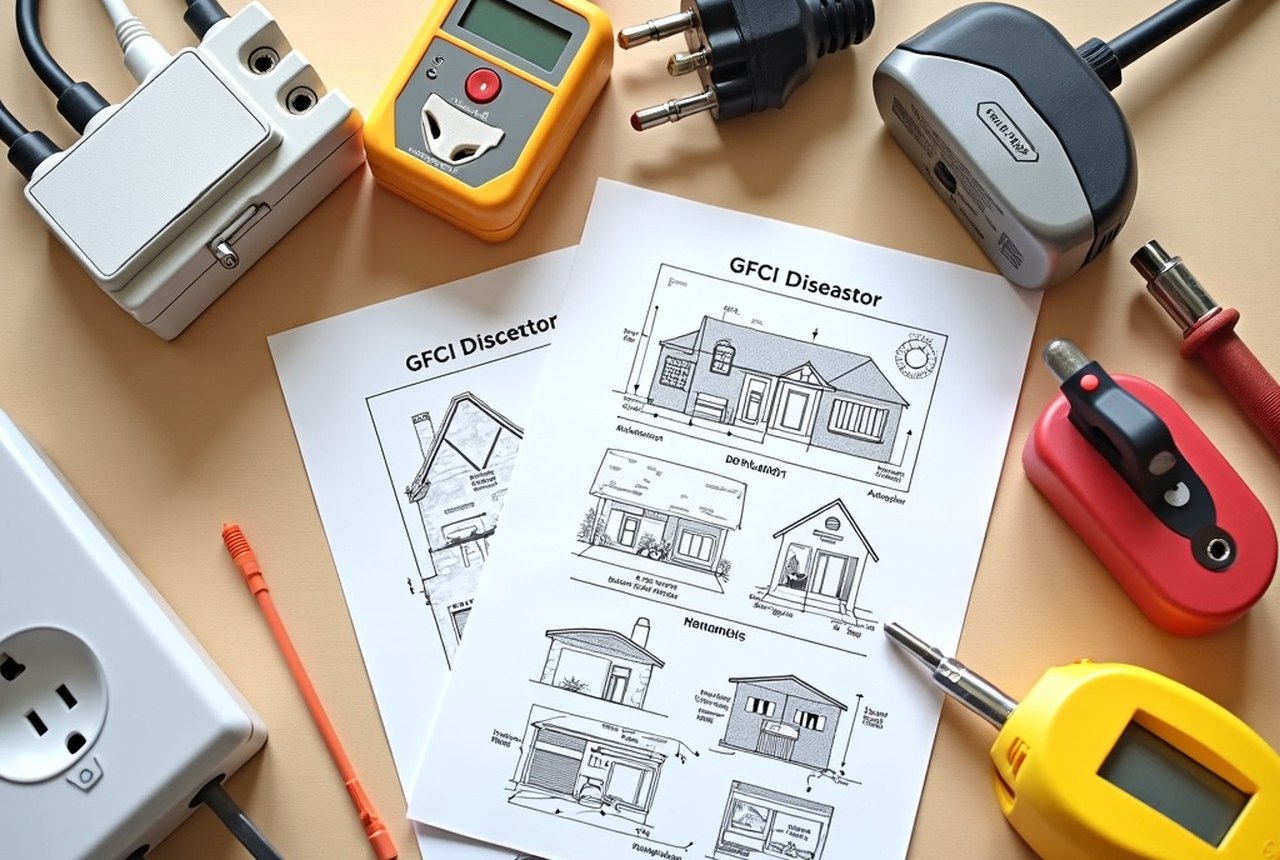 A flat-lay of home electrical safety tools: a non-contact voltage tester, a plug-in outlet tester, GFCI receptacles and a surge protector