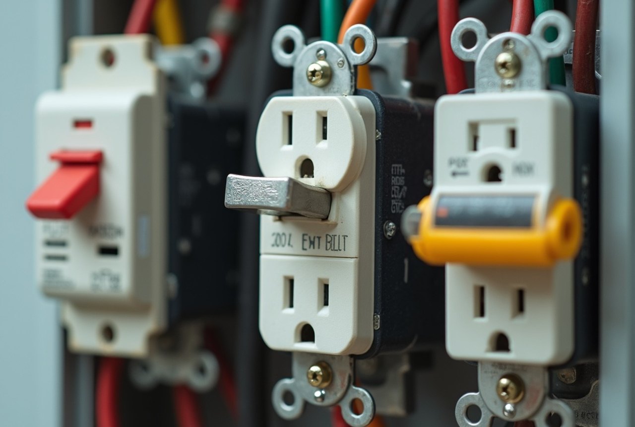 A tripped breaker in a panel with its handle in the centre position, ready to be reset