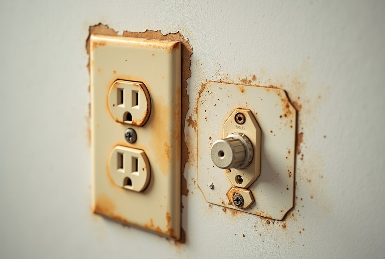 A discoloured, warm-looking wall outlet with faint scorch marks around the slots, a clear warning sign