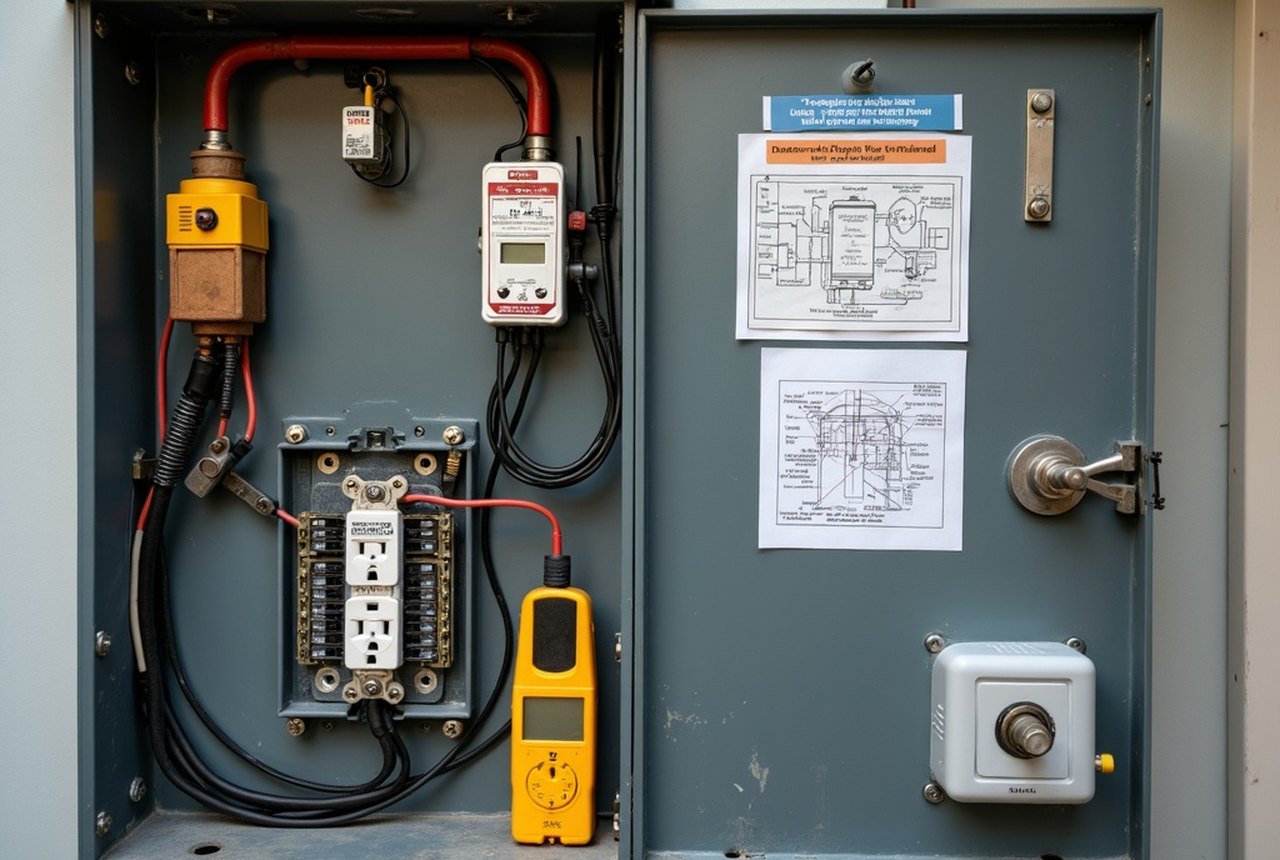 An open service panel with the interior cover in place, marked as licensed-electrician territory
