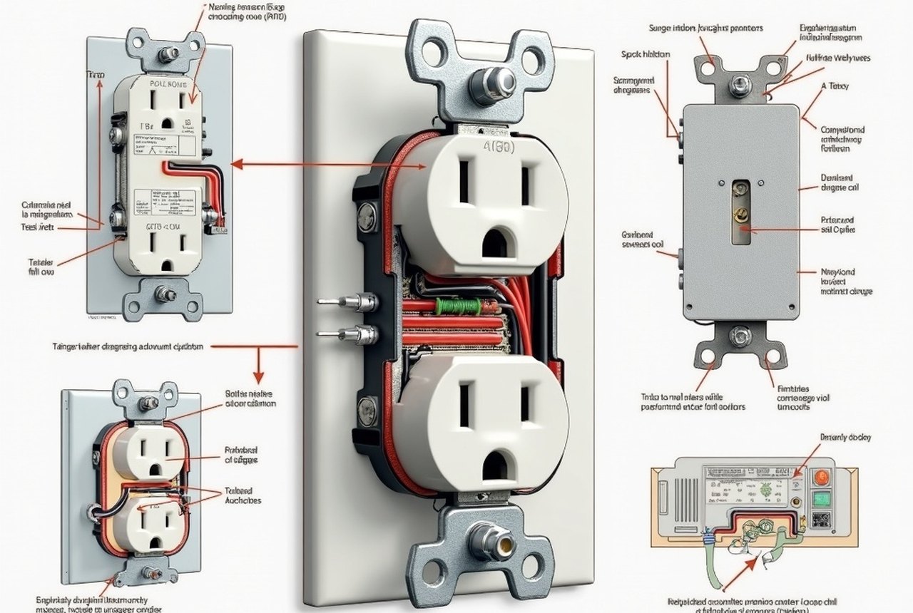Cutaway diagram of a GFCI outlet showing the hot and neutral wires passing through a differential sensing coil, the trip solenoid and the test path
