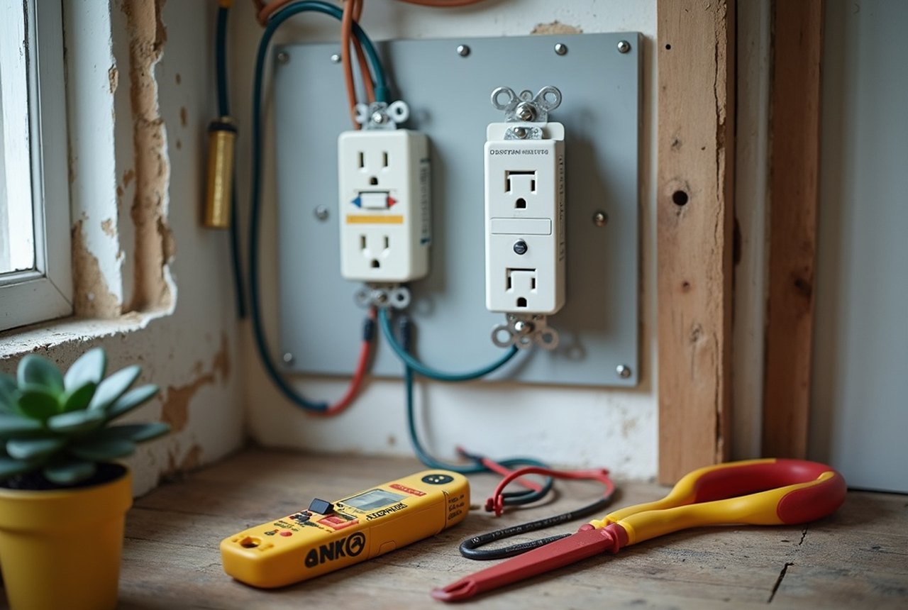 A whole-house surge protective device mounted beside a breaker panel, with a point-of-use surge strip in the foreground