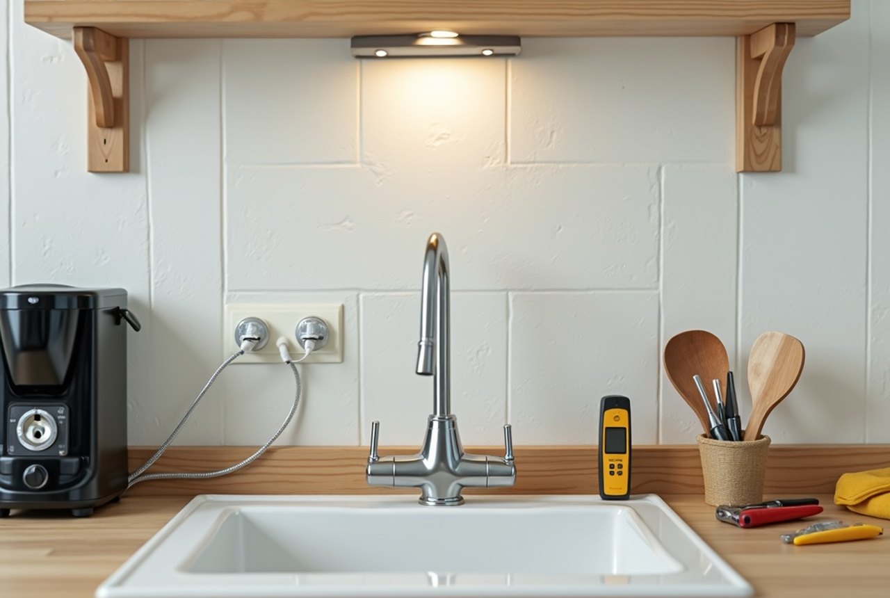 A kitchen countertop with a GFCI outlet near the sink, small appliances plugged in, cords kept clear of water