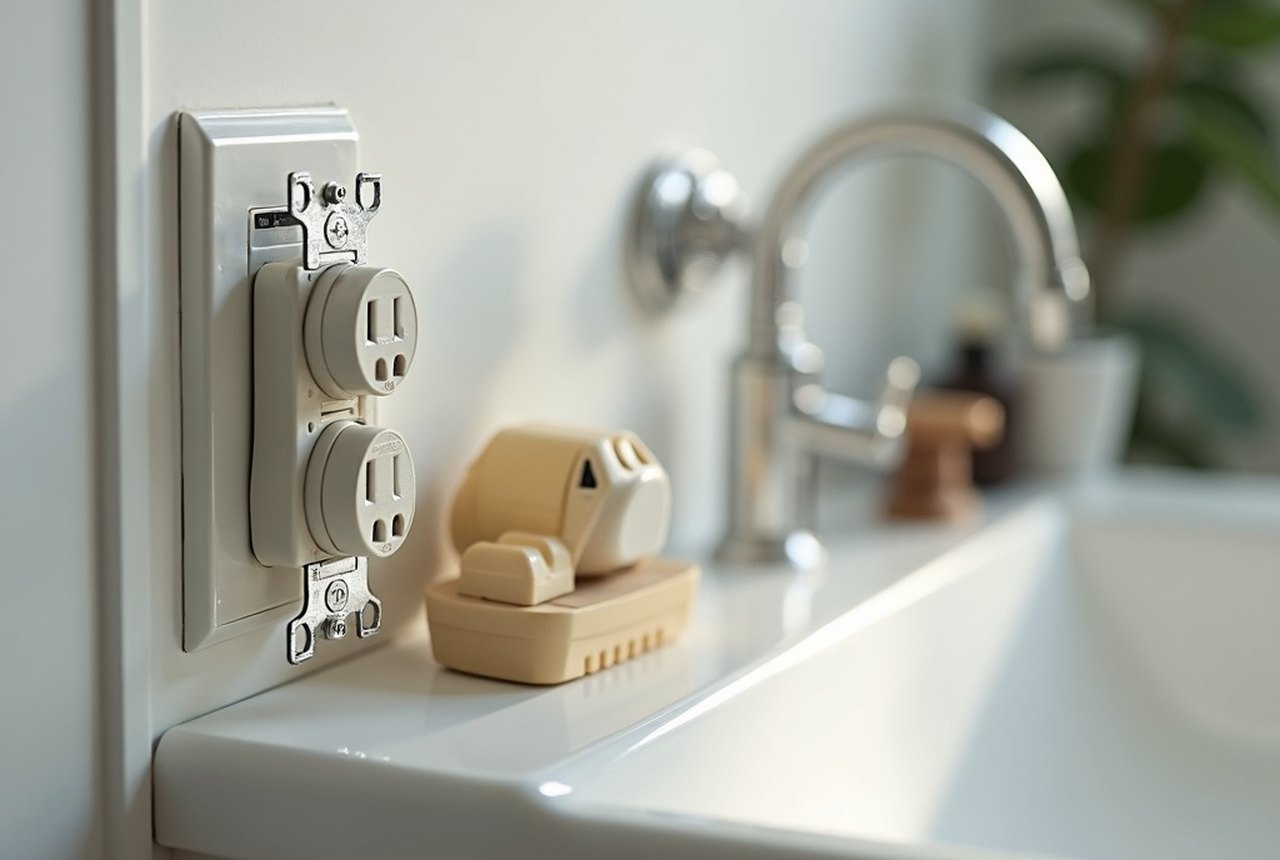 A bathroom GFCI receptacle beside a sink, well away from the tub, with test and reset buttons visible