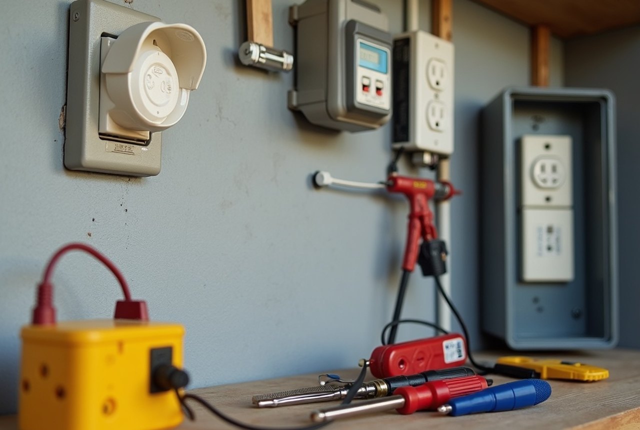 An outdoor weather-resistant receptacle with a bubble in-use cover, and a garage workbench with a GFCI outlet