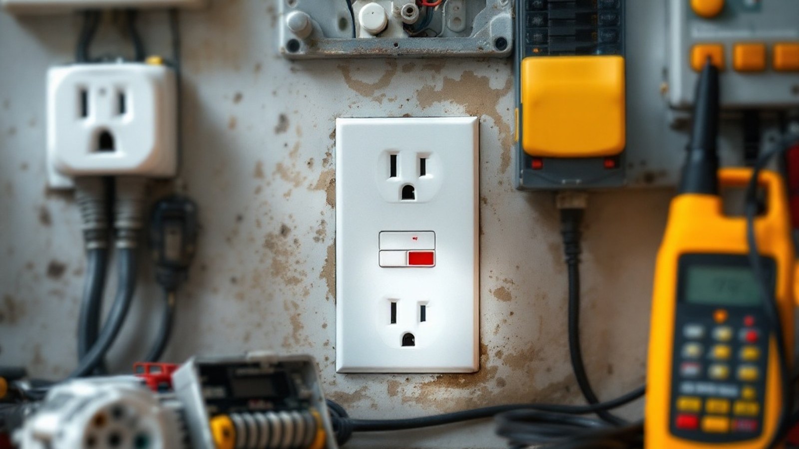 A GFCI outlet with test/reset buttons clearly visible