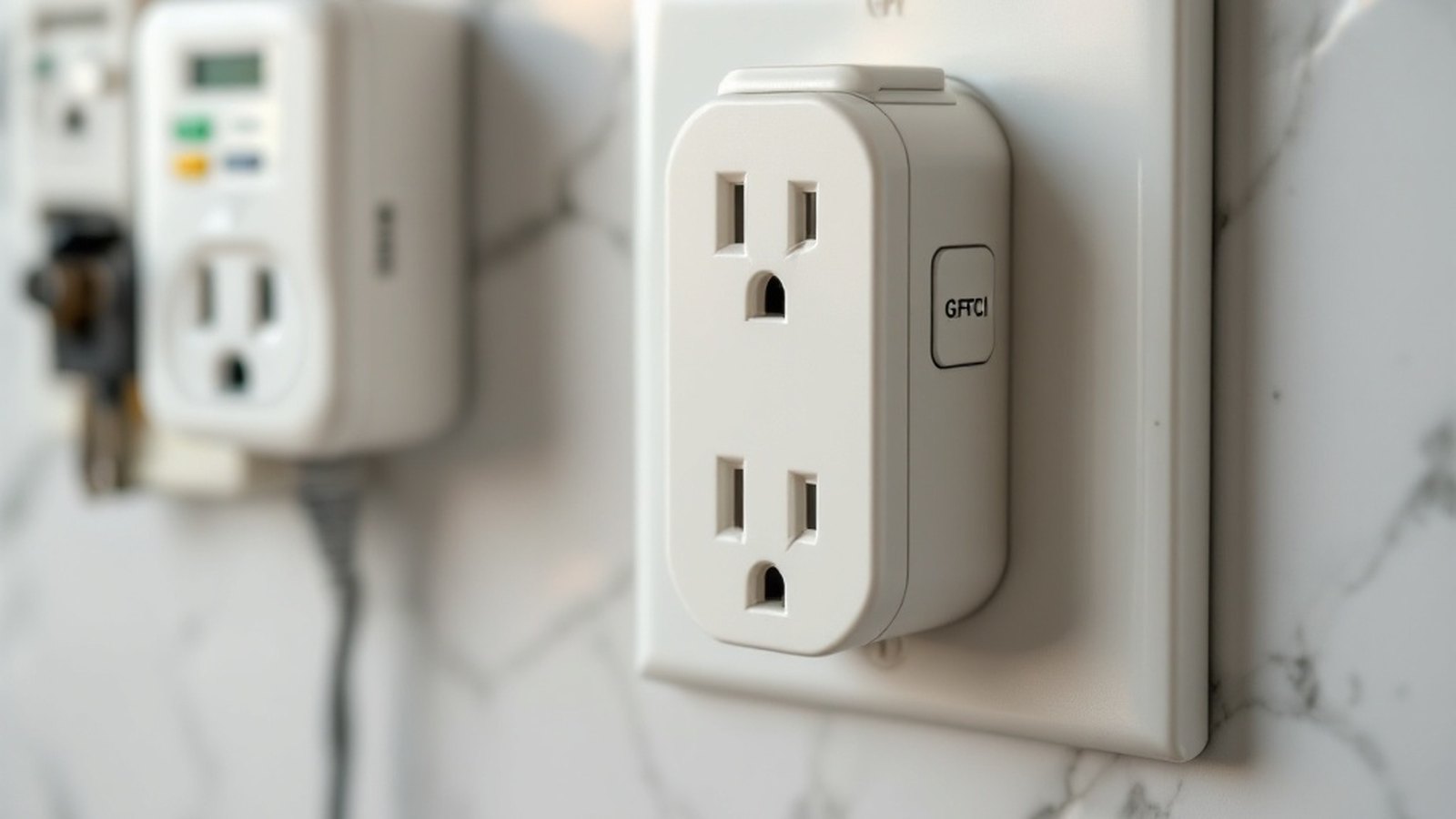 Close-up of a GFCI outlet with TEST/RESET buttons in a bathroom setting