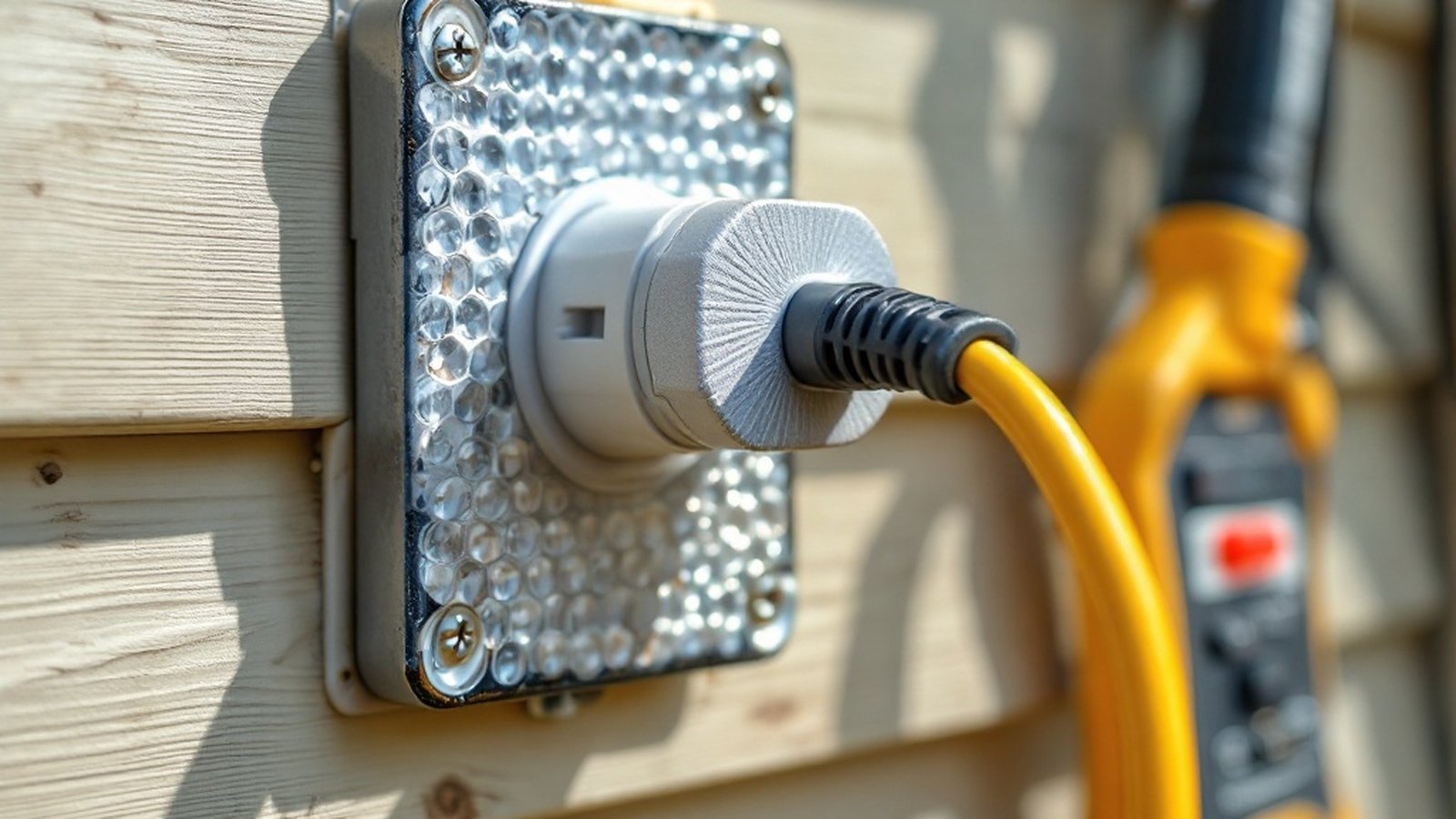 Close-up of a bubble/in-use outlet cover with a cord plugged in, mounted on exterior siding