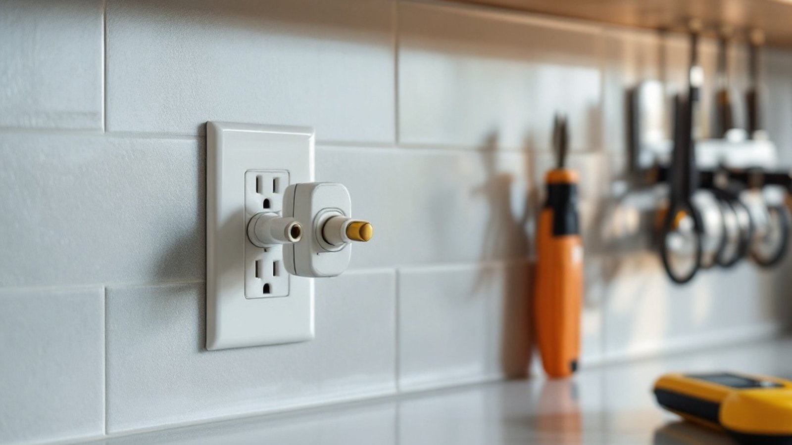 Close-up of a GFCI outlet installed in a kitchen countertop backsplash