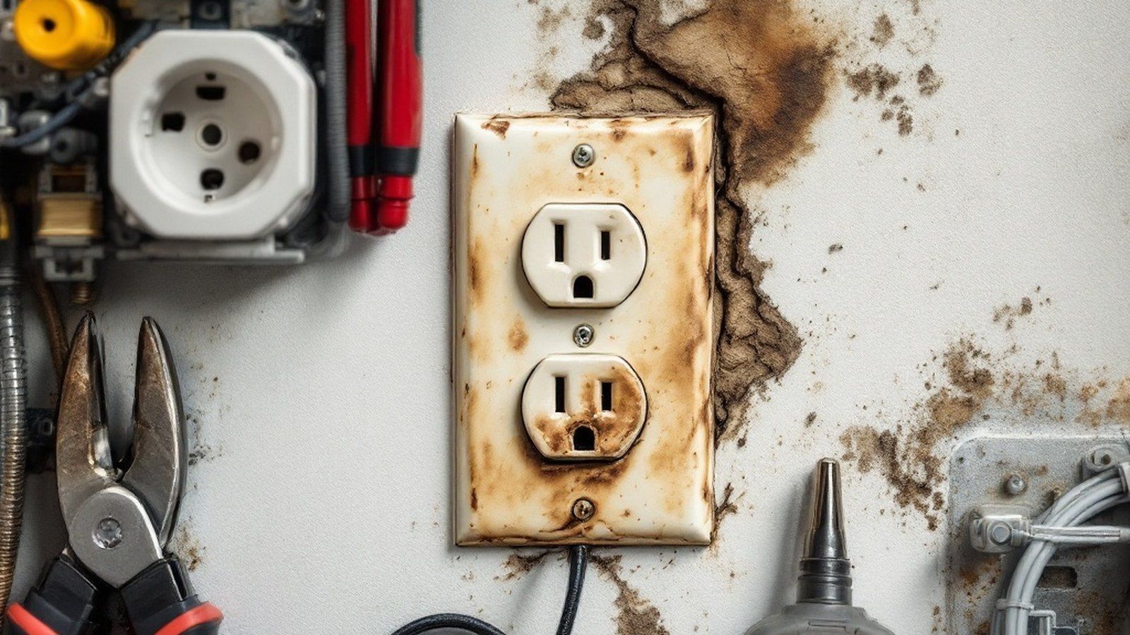 Close-up of a discolored/scorched outlet faceplate