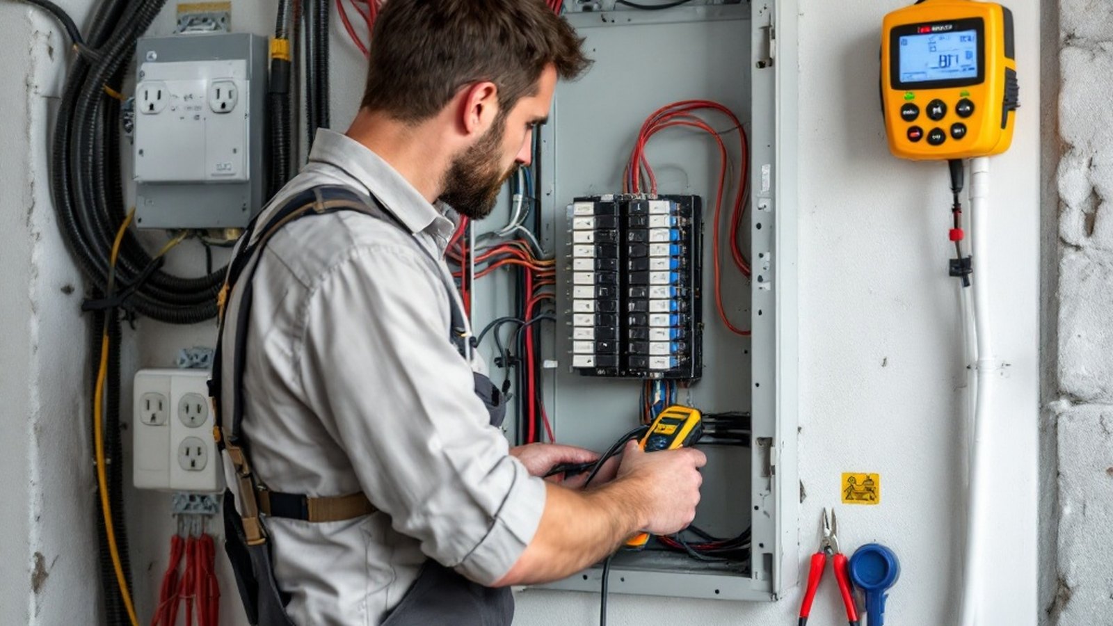 A licensed electrician working inside an open breaker panel